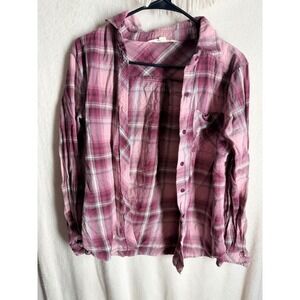 Vanilla Sky Pink Plaid Flannel Button Up Shirt Womens Medium Long Sleeve